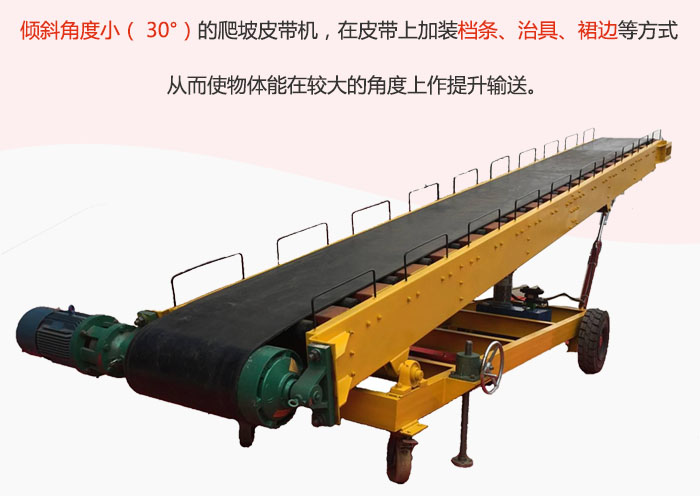 傾斜角度小（ 30°）的爬坡皮帶機(jī)，在皮帶上加裝檔條、治具、裙邊等方式從而使物體能在較大的角度上作提升輸送。